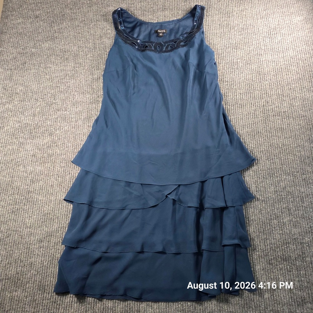 SLNY SL Fashions New York Navy Blue Tiered Sequin Neck Cocktail Dress Womens 14